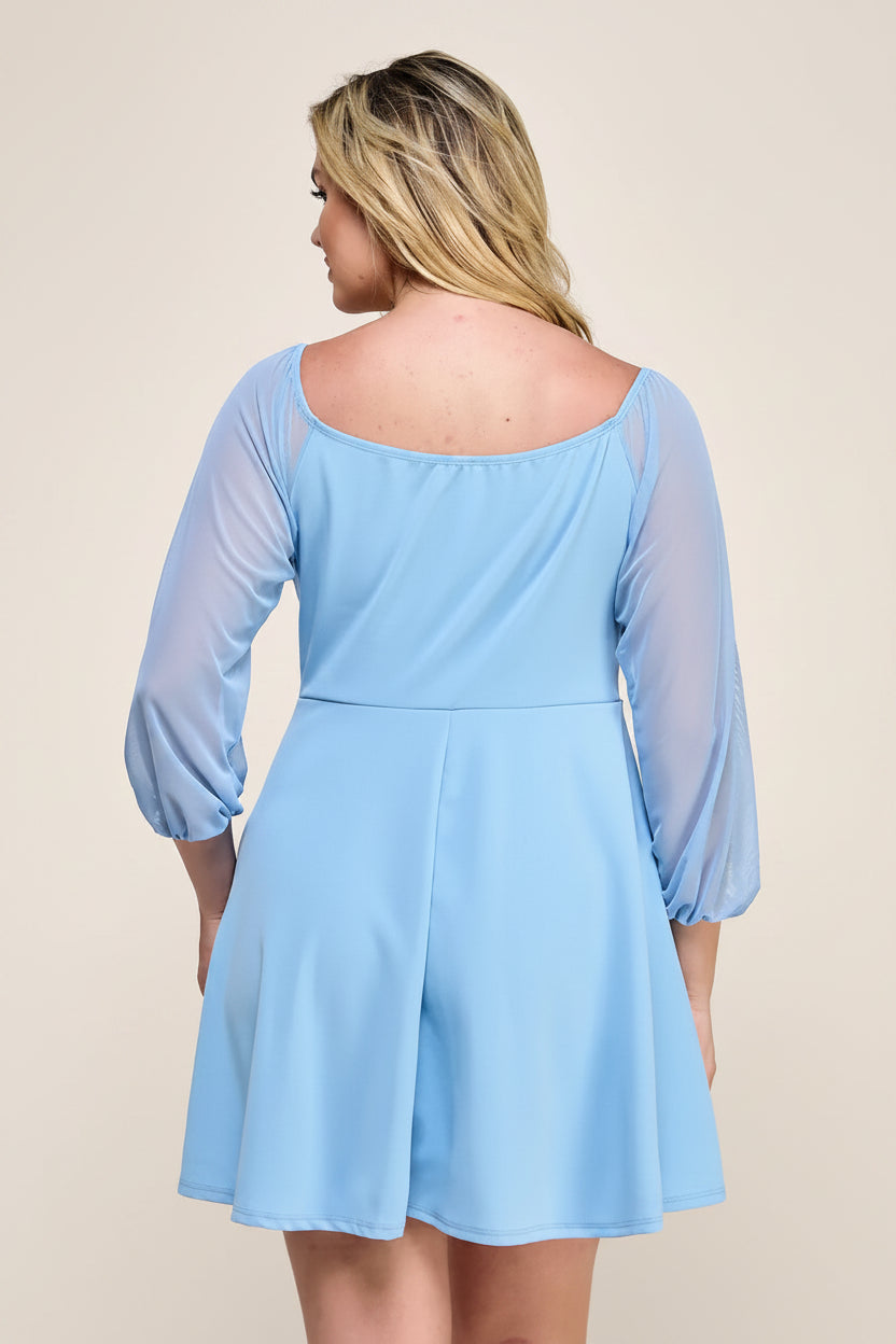 SMOOTHING FIT & FLARE PARTY DRESS WITH SHEER MESH 3/4 SLEEVES CURVY