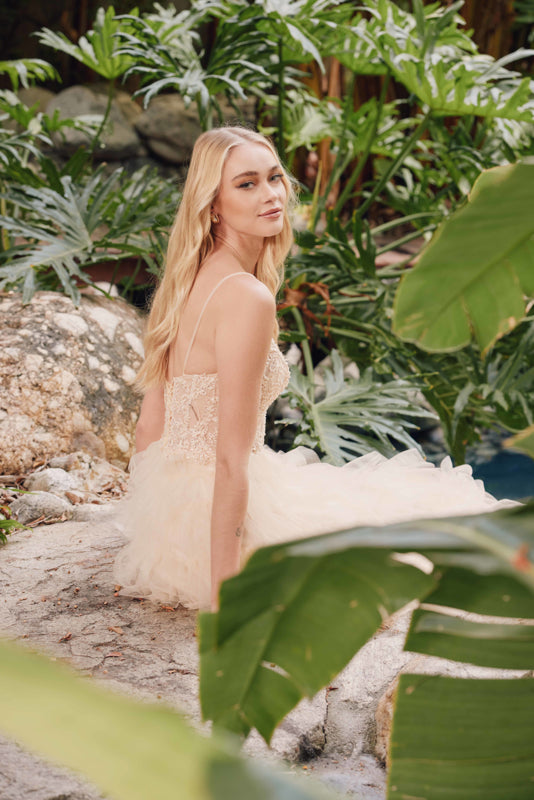 RUFFLE TULLE GOWN WITH LACE CORSET BODICE + LACE-UP BACK + SLIT BY JULIET JT2451S