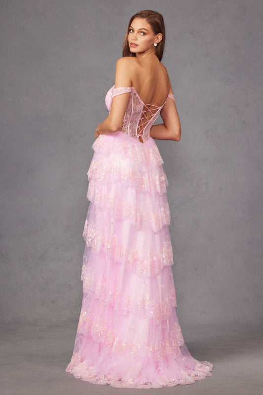 RUFFLE TULLE LACE GLITTER SEQUIN BALL GOWN WITH SHEER CORSET BODICE OFF-SHOULDER LACE-UP BACK + SLIT BY JULIET JT2453K