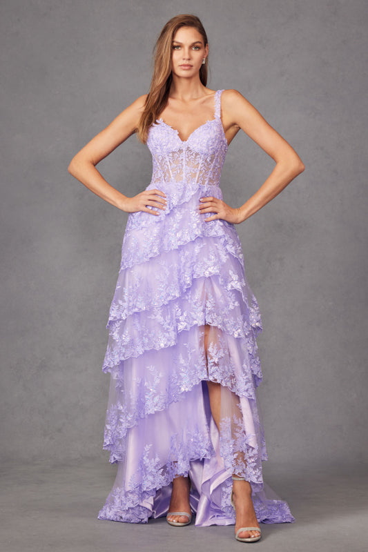 RUFFLE TIERED TULLE + LACE GLITTER SEQUIN FITTED GOWN WITH SHEER CORSET BODICE LACE-UP BACK + SLIT BY JULIET