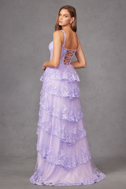 RUFFLE TIERED TULLE + LACE GLITTER SEQUIN FITTED GOWN WITH SHEER CORSET BODICE LACE-UP BACK + SLIT BY JULIET