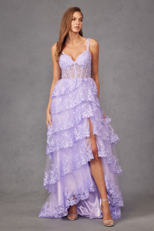 RUFFLE TIERED TULLE + LACE GLITTER SEQUIN FITTED GOWN WITH SHEER CORSET BODICE LACE-UP BACK + SLIT BY JULIET