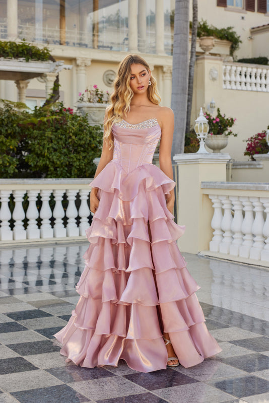 MOONLIGHT ORGANZA RUFFLE TIERED BASQUE WAIST GOWN SWEETHEART EMBELLISHED NECKLINE CORSET TOP LACE-UP BACK + SLIT BY JULIET