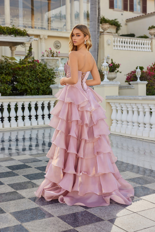 MOONLIGHT ORGANZA RUFFLE TIERED BASQUE WAIST GOWN SWEETHEART EMBELLISHED NECKLINE CORSET TOP LACE-UP BACK + SLIT BY JULIET