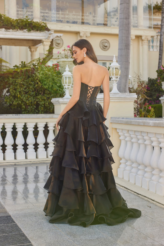MOONLIGHT ORGANZA RUFFLE TIERED BASQUE WAIST GOWN SWEETHEART EMBELLISHED NECKLINE CORSET TOP LACE-UP BACK + SLIT BY JULIET