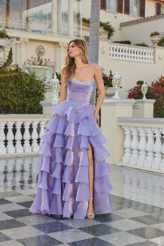 MOONLIGHT ORGANZA RUFFLE TIERED BASQUE WAIST GOWN SWEETHEART EMBELLISHED NECKLINE CORSET TOP LACE-UP BACK + SLIT BY JULIET