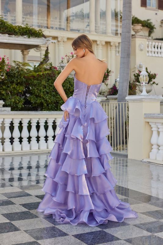 MOONLIGHT ORGANZA RUFFLE TIERED BASQUE WAIST GOWN SWEETHEART EMBELLISHED NECKLINE CORSET TOP LACE-UP BACK + SLIT BY JULIET