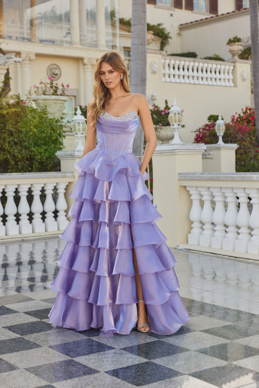 MOONLIGHT ORGANZA RUFFLE TIERED BASQUE WAIST GOWN SWEETHEART EMBELLISHED NECKLINE CORSET TOP LACE-UP BACK + SLIT BY JULIET