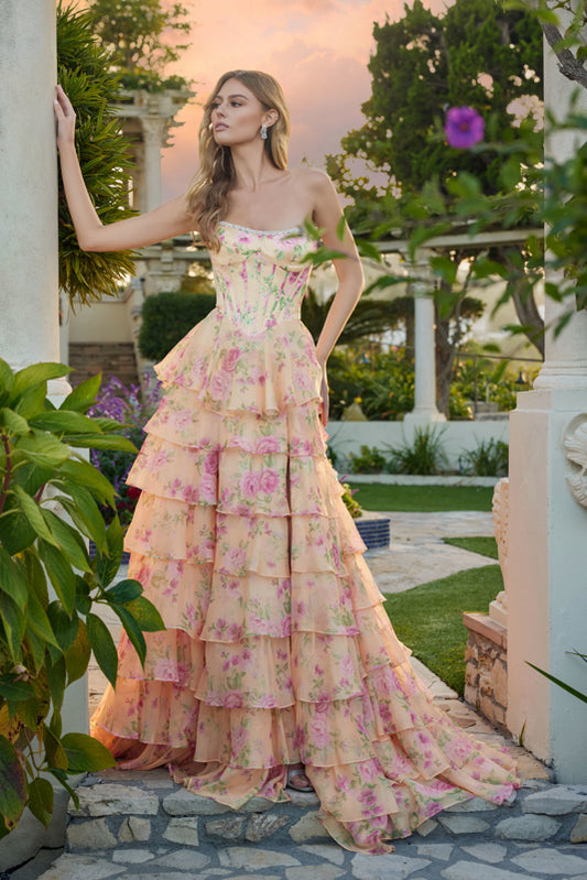 FLORAL SOFT TIERED GOWN SCULPTED BASQUE WAIST CORSET + LACE-UP BACK + SLIT BY JULIET