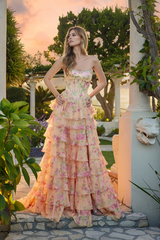 FLORAL SOFT TIERED GOWN SCULPTED BASQUE WAIST CORSET + LACE-UP BACK + SLIT BY JULIET