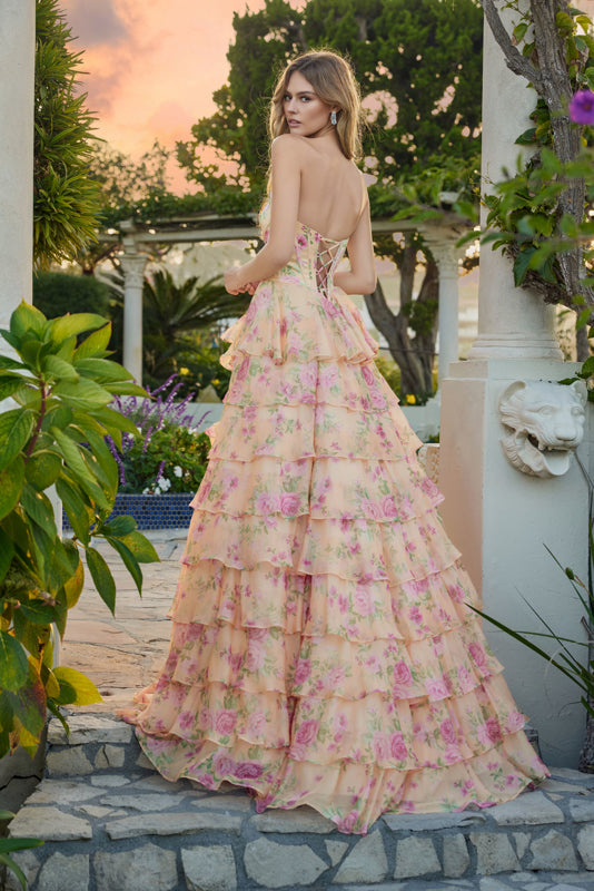 FLORAL SOFT TIERED GOWN SCULPTED BASQUE WAIST CORSET + LACE-UP BACK + SLIT BY JULIET