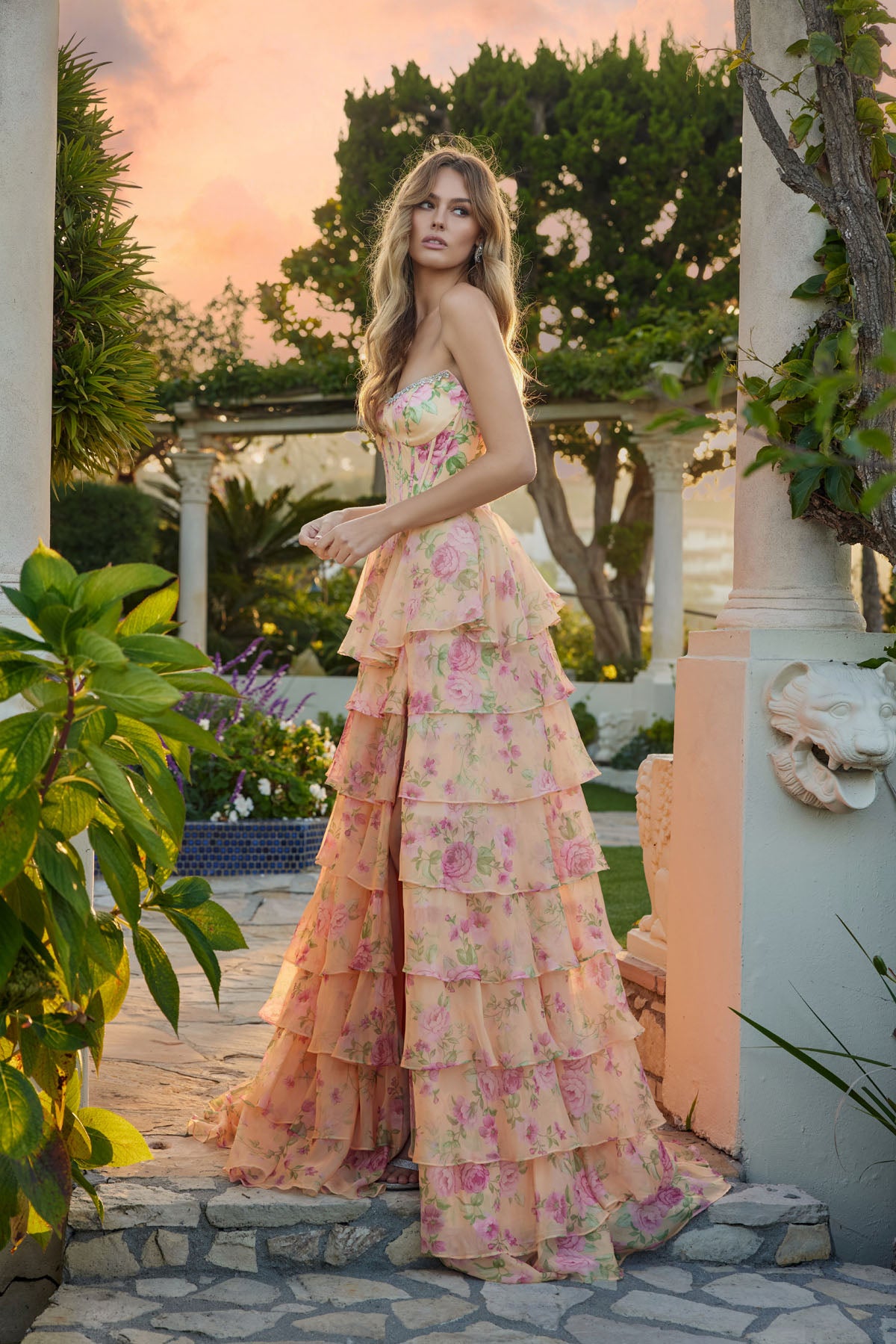 FLORAL SOFT TIERED GOWN SCULPTED BASQUE WAIST CORSET + LACE-UP BACK + SLIT BY JULIET