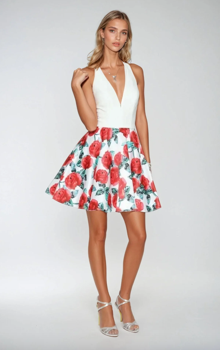 DEEP V-NECKLINE HALTER A-LINE FLORAL WHITE & ROSE SHORT FORMAL DRESS JULIET 806