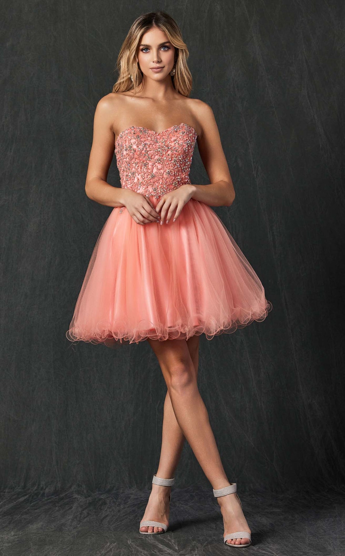 INTRICATELY BEADED STRAPLESS SWEETHEART BODICE A-LINE TULLE SKIRT LACE-UP CORSET BACK SHORT FORMAL DRESS