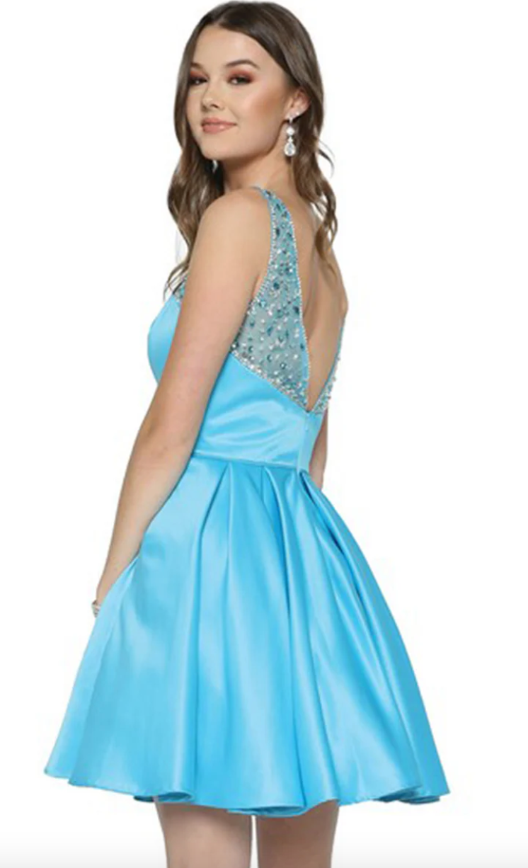 SATIN A-LINE SWEETHEART BEJEWELED MESH ILLUSION V-BACK SHORT FORMAL PARTY DRESS JULIET 808