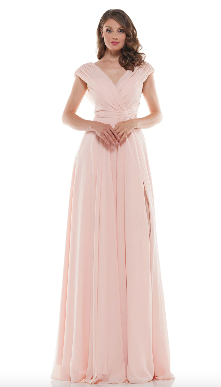 FLOWY CHIFFON GOWN RUCHED BODICE SIDE SLIT + MATCHING STOLE MARSONI BY COLORS DRESS M251