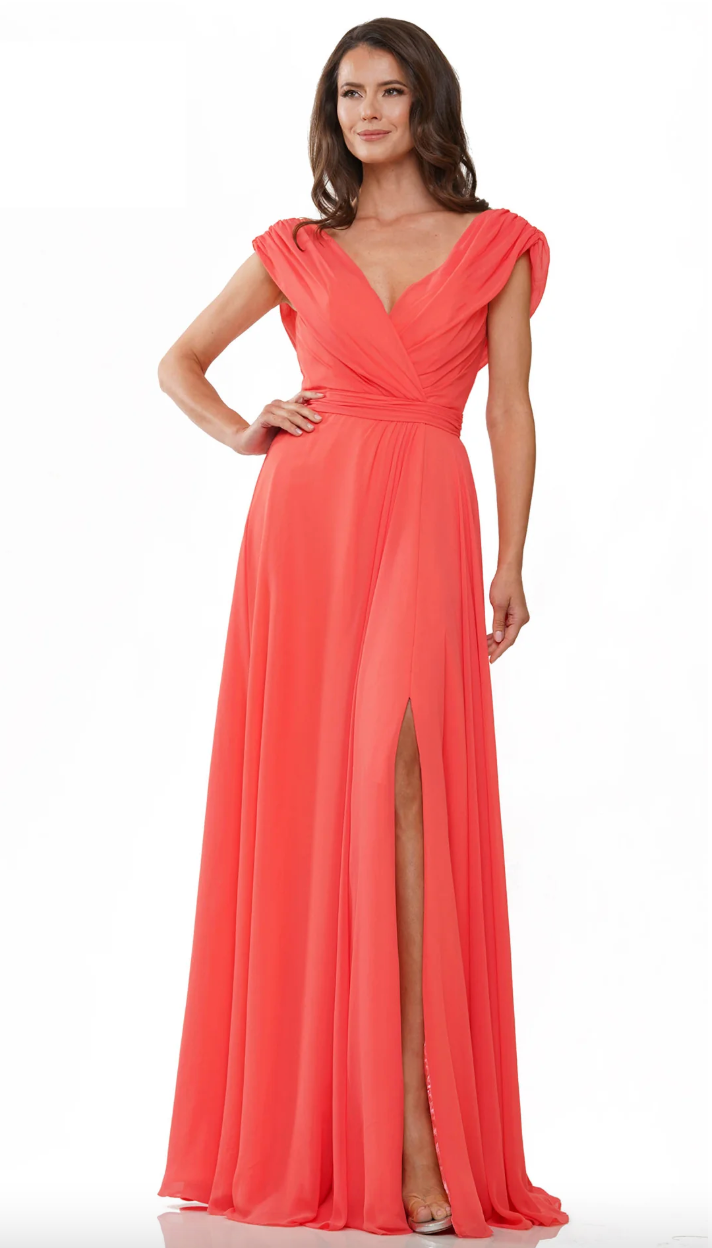 FLOWY CHIFFON GOWN RUCHED BODICE SIDE SLIT + MATCHING STOLE MARSONI BY COLORS DRESS M251