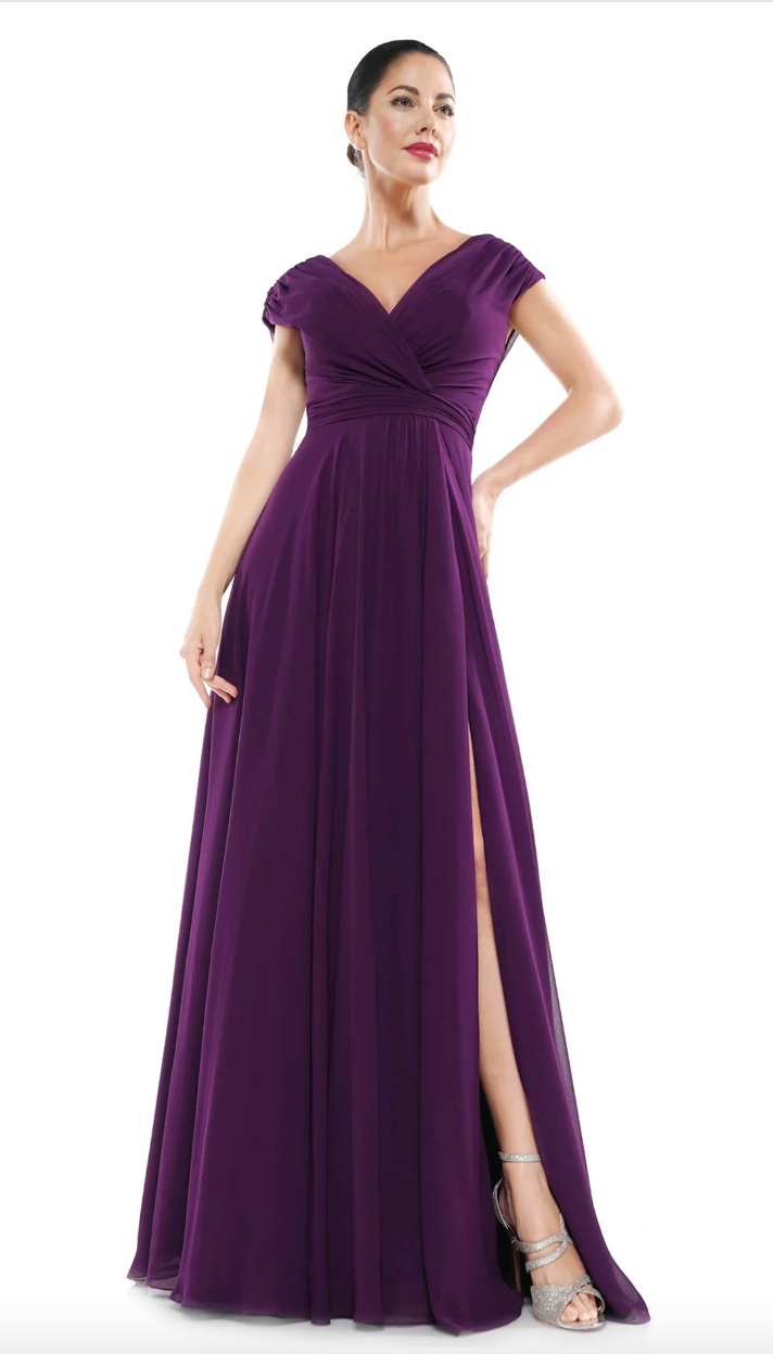 FLOWY CHIFFON GOWN RUCHED BODICE SIDE SLIT + MATCHING STOLE MARSONI BY COLORS DRESS M251