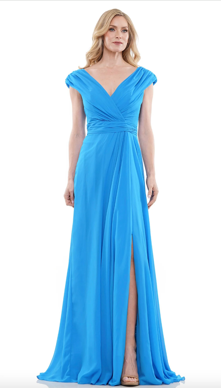 FLOWY CHIFFON GOWN RUCHED BODICE SIDE SLIT + MATCHING STOLE MARSONI BY COLORS DRESS M251