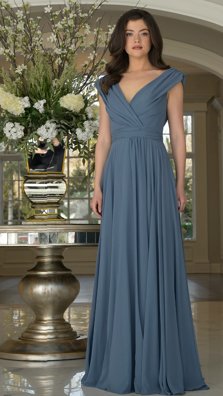 FLOWY CHIFFON GOWN RUCHED BODICE SIDE SLIT + MATCHING STOLE MARSONI BY COLORS DRESS M251