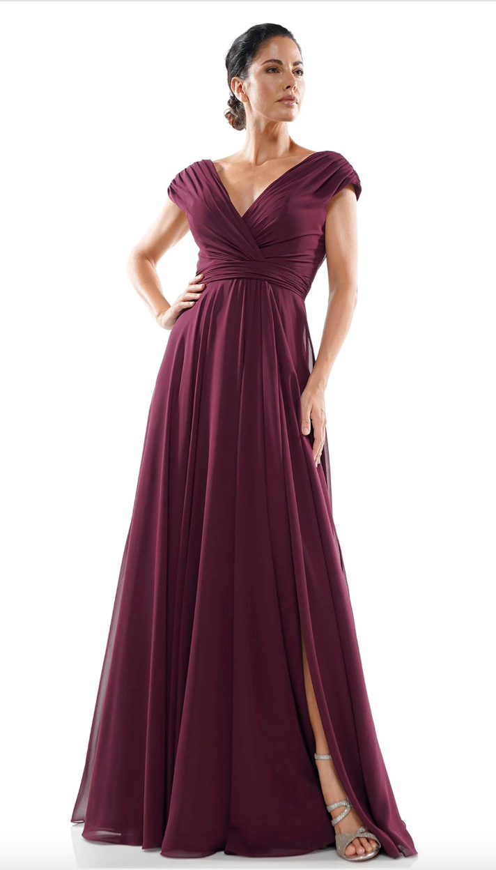 FLOWY CHIFFON GOWN RUCHED BODICE SIDE SLIT + MATCHING STOLE MARSONI BY COLORS DRESS M251