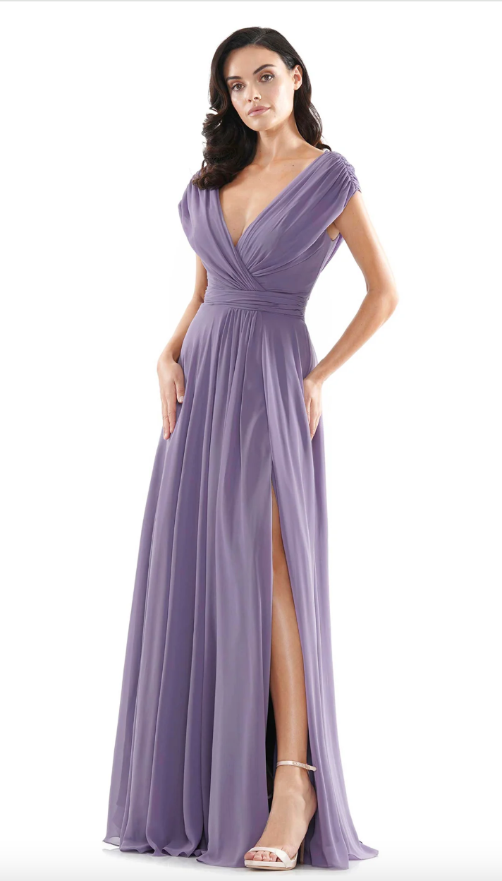 FLOWY CHIFFON GOWN RUCHED BODICE SIDE SLIT + MATCHING STOLE MARSONI BY COLORS DRESS M251