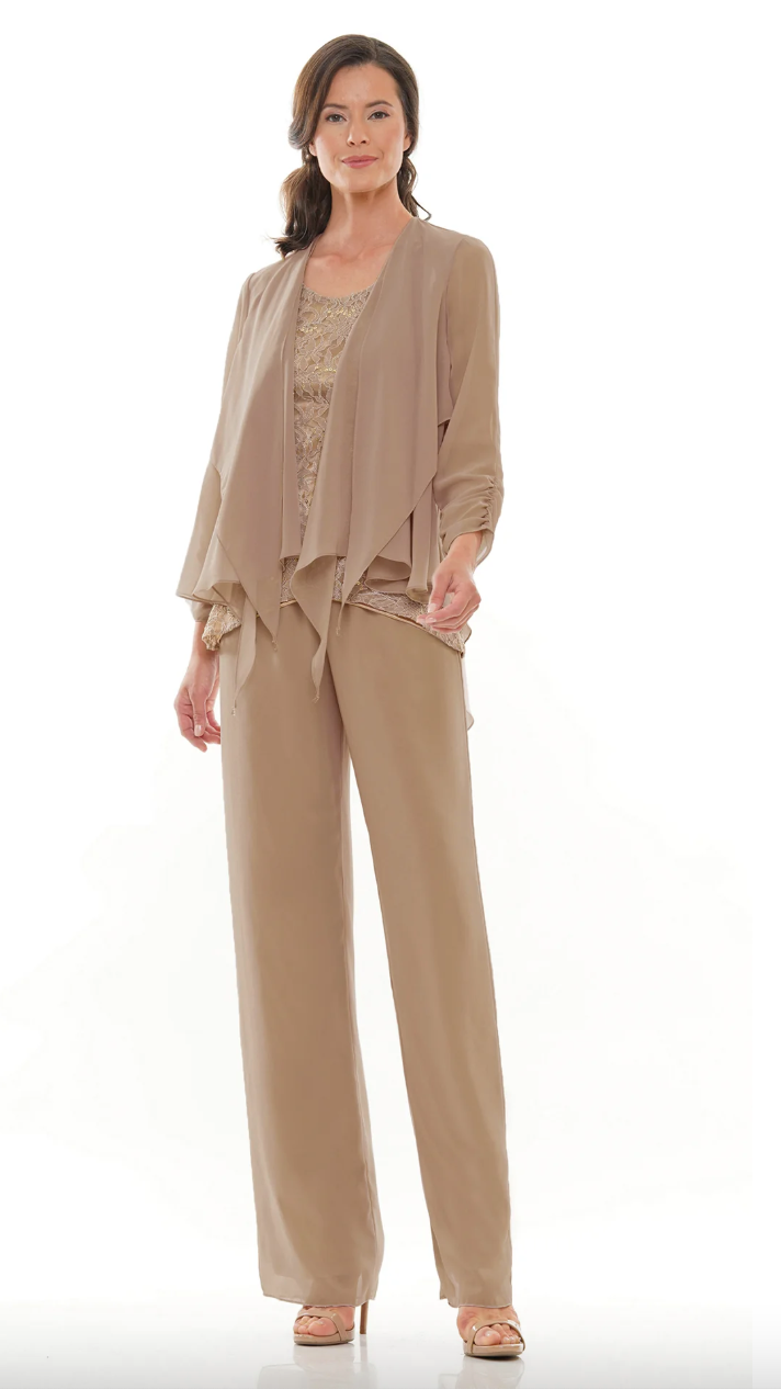 CHIFFON JACKET TOPPER OVER LACE SEQUIN CAMISOLE CHIFFON PANTS MARSONI BY COLORS DRESS M303