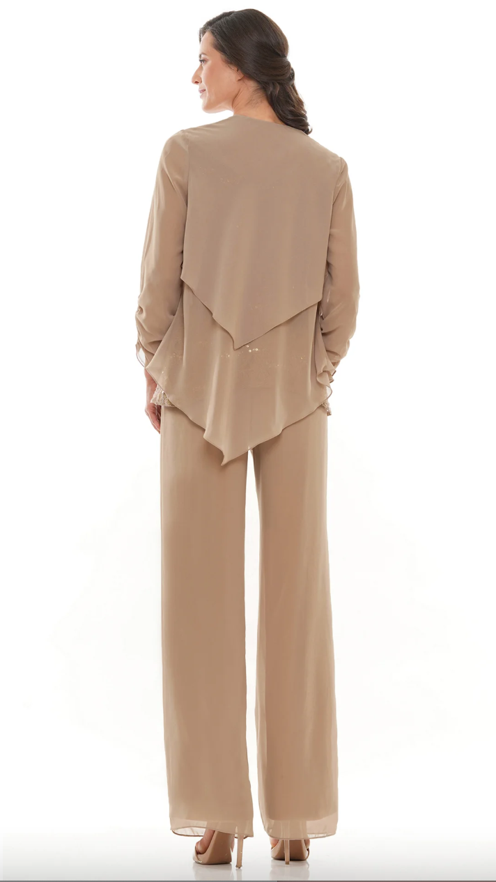 CHIFFON JACKET TOPPER OVER LACE SEQUIN CAMISOLE CHIFFON PANTS MARSONI BY COLORS DRESS M303