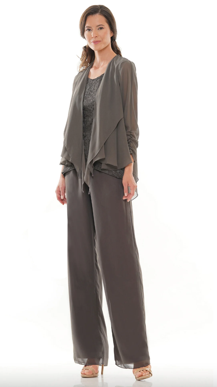 CHIFFON JACKET TOPPER OVER LACE SEQUIN CAMISOLE CHIFFON PANTS MARSONI BY COLORS DRESS M303
