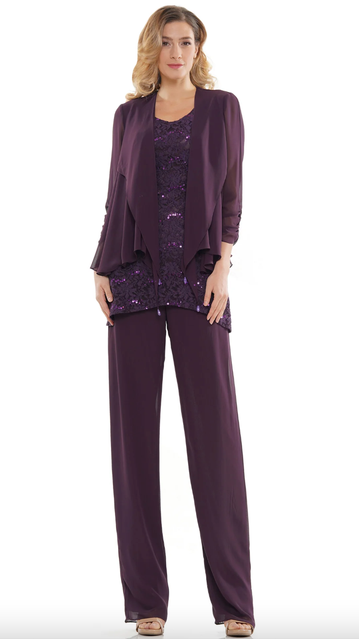 CHIFFON JACKET TOPPER OVER LACE SEQUIN CAMISOLE CHIFFON PANTS MARSONI BY COLORS DRESS M303