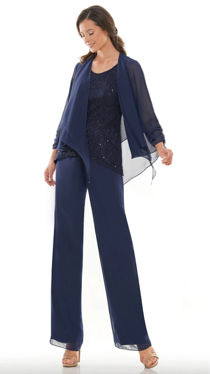 CHIFFON JACKET TOPPER OVER LACE SEQUIN CAMISOLE CHIFFON PANTS MARSONI BY COLORS DRESS M303