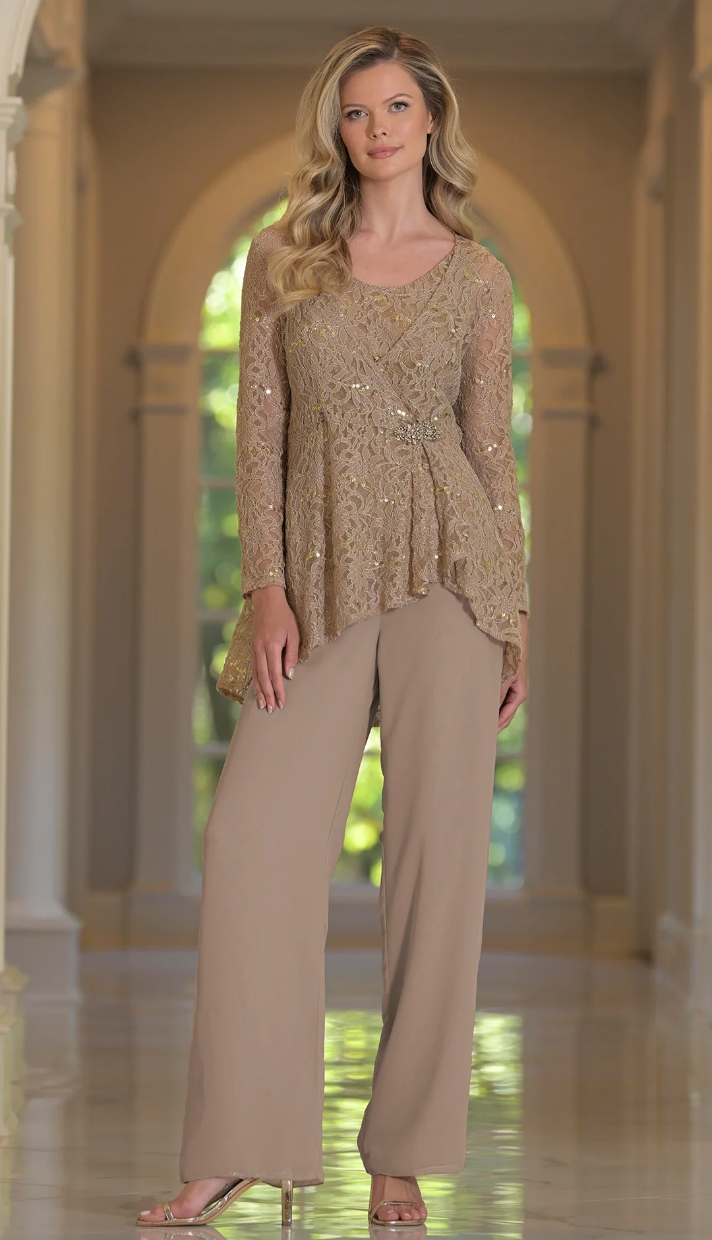 LACE & SEQUIN TOP + CAMISOLE PAIRED WITH CHIFFON PANTS MARSONI BY COLORS M305