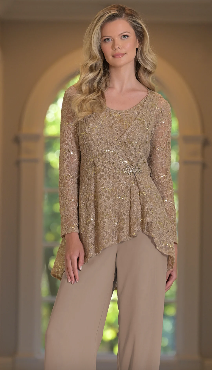 LACE & SEQUIN TOP + CAMISOLE PAIRED WITH CHIFFON PANTS MARSONI BY COLORS M305