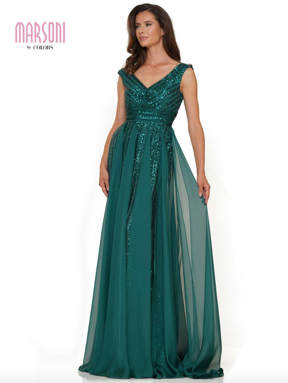 GLAMOROUS ALLOVER SEQUIN GOWN WITH CHIFFON SASHES MARSONI BY COLORS DRESS M314
