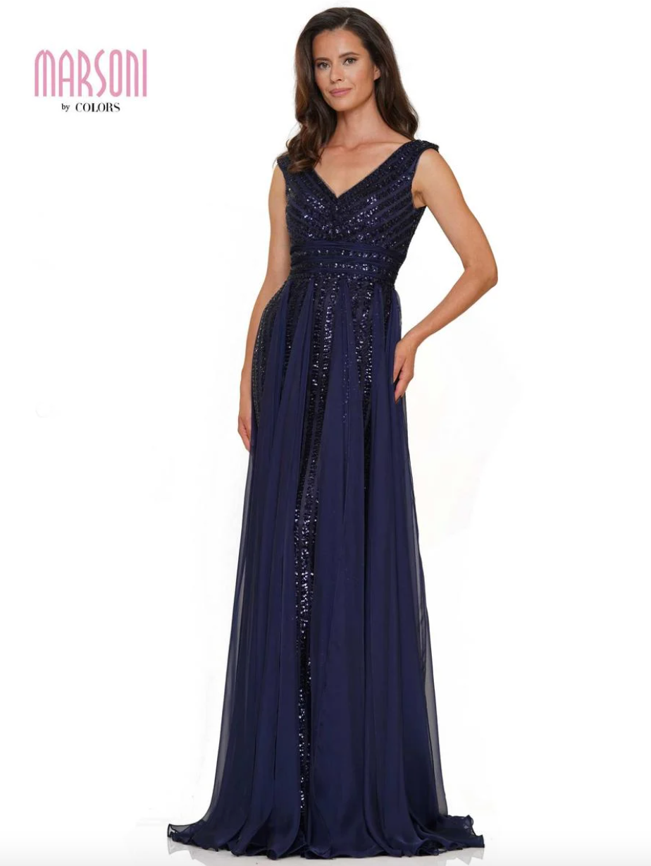 GLAMOROUS ALLOVER SEQUIN GOWN WITH CHIFFON SASHES MARSONI BY COLORS DRESS M314