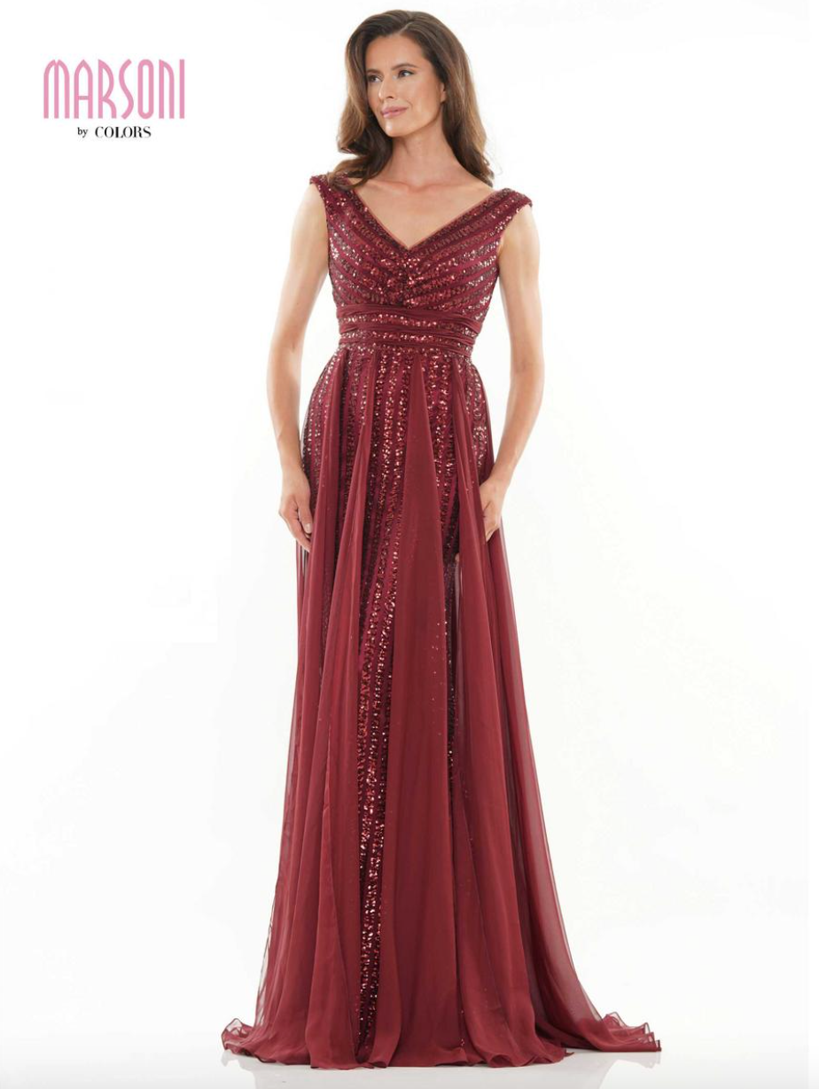 GLAMOROUS ALLOVER SEQUIN GOWN WITH CHIFFON SASHES MARSONI BY COLORS DRESS M314