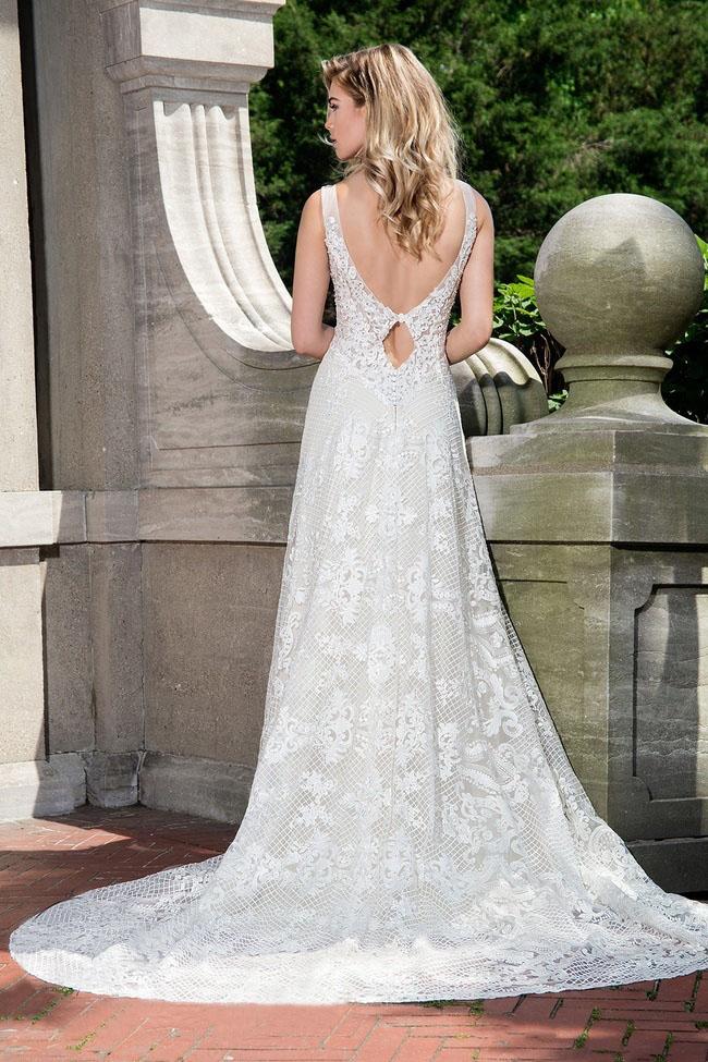 V-NECK EMBROIDERED BRIDAL GOWN WITH LOW V-BACK KEYHOLE DESIGN + GORGEOUS SWEEP TRAIN LO'ADORO BY RACHEL ALLAN M622