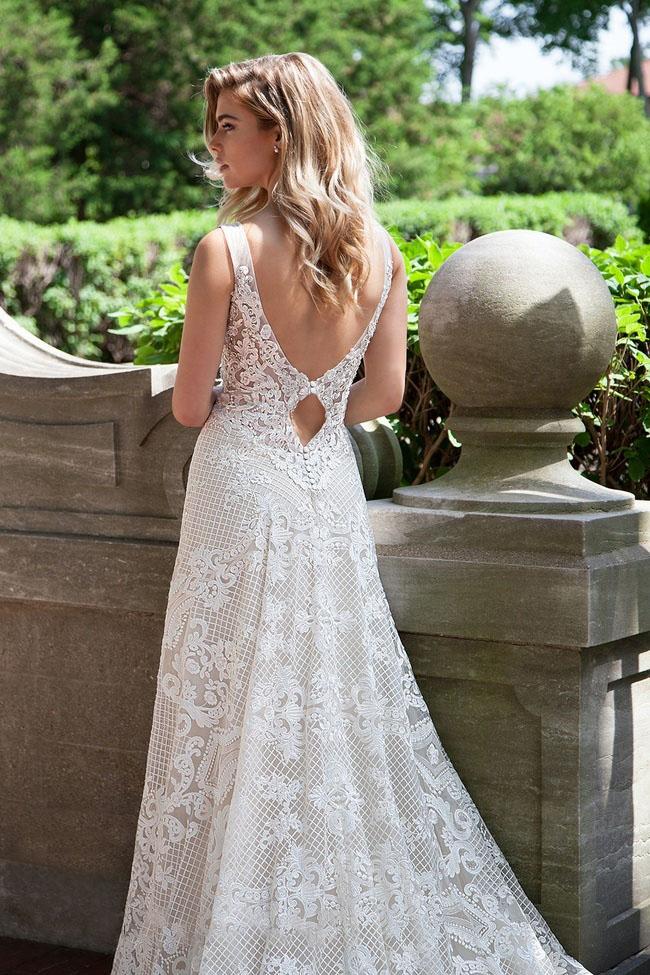 V-NECK EMBROIDERED BRIDAL GOWN WITH LOW V-BACK KEYHOLE DESIGN + GORGEOUS SWEEP TRAIN LO'ADORO BY RACHEL ALLAN M622