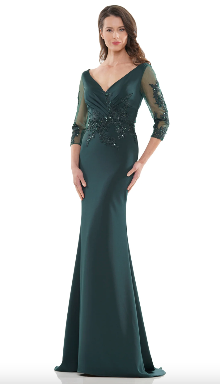 STRETCH FAILLE GOWN RUCHED V-NECK EMBROIDERED DETAILS SHEER 3/4 SLEEVES MARSONI BY COLORS DRESS MV1145