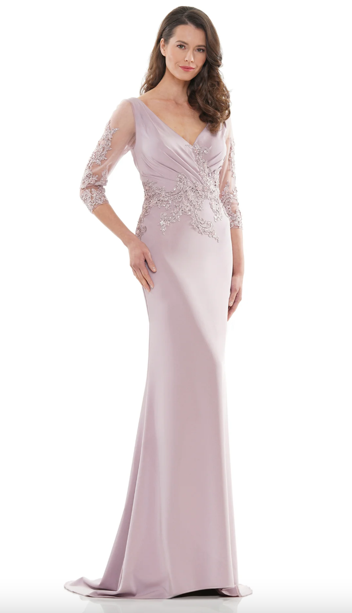 STRETCH FAILLE GOWN RUCHED V-NECK EMBROIDERED DETAILS SHEER 3/4 SLEEVES MARSONI BY COLORS DRESS MV1145