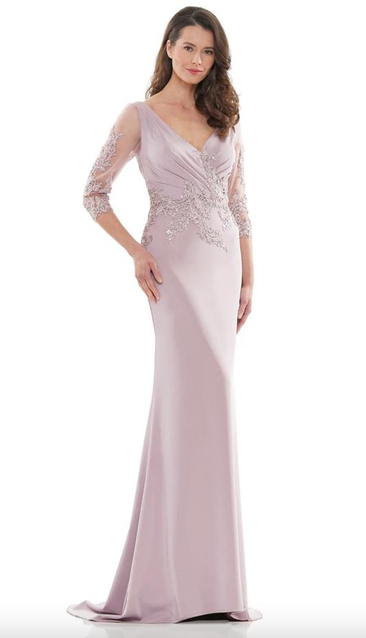 STRETCH FAILLE GOWN RUCHED V-NECK EMBROIDERED DETAILS SHEER 3/4 SLEEVES MARSONI BY COLORS DRESS MV1145