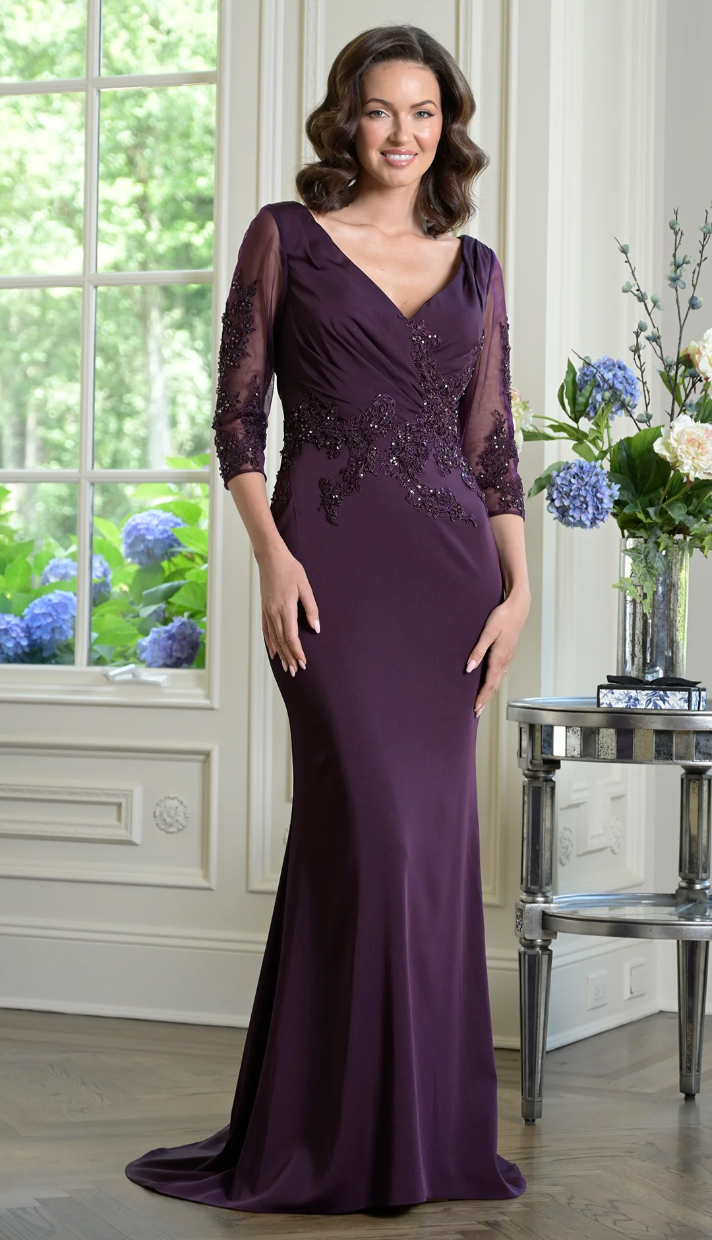 STRETCH FAILLE GOWN RUCHED V-NECK EMBROIDERED DETAILS SHEER 3/4 SLEEVES MARSONI BY COLORS DRESS MV1145