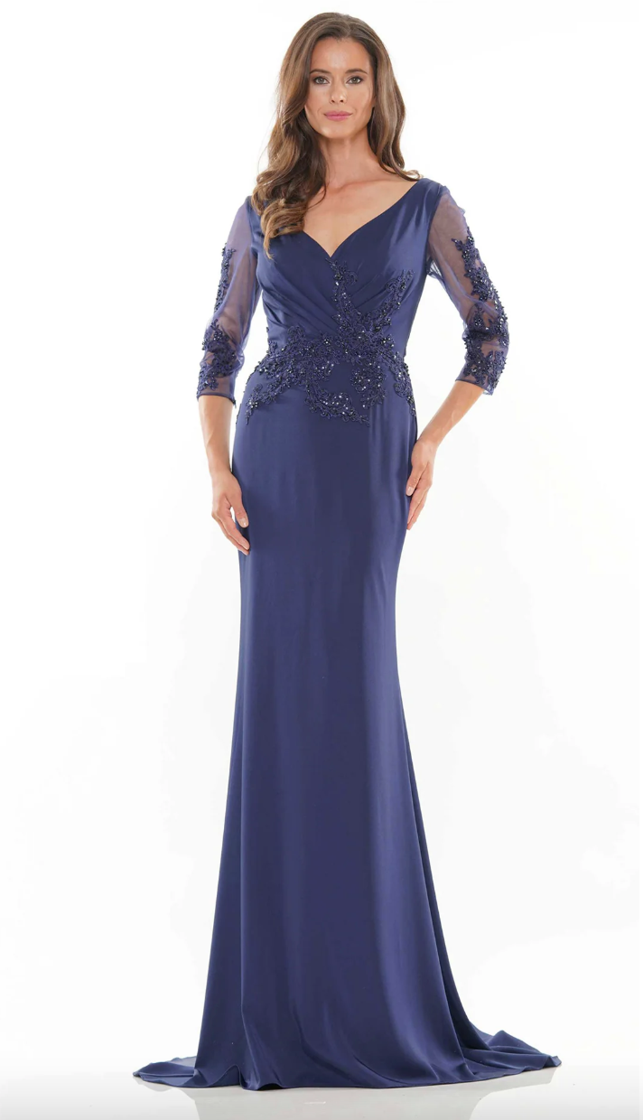 STRETCH FAILLE GOWN RUCHED V-NECK EMBROIDERED DETAILS SHEER 3/4 SLEEVES MARSONI BY COLORS DRESS MV1145
