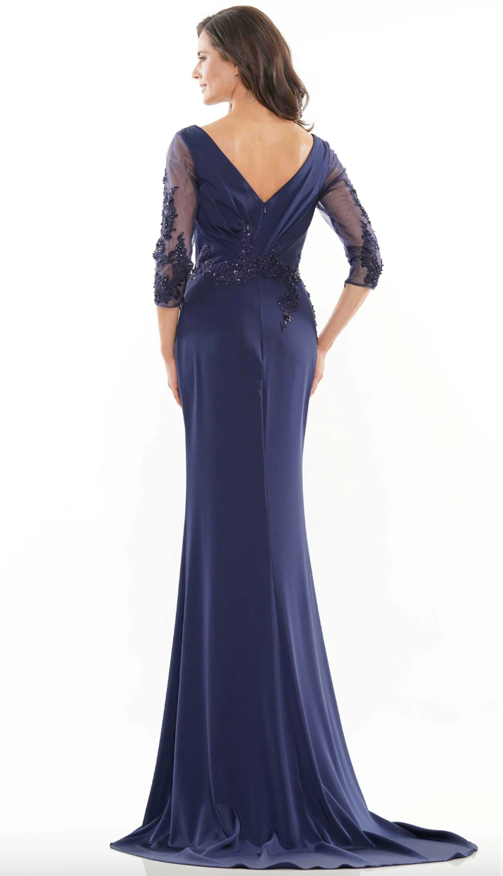 STRETCH FAILLE GOWN RUCHED V-NECK EMBROIDERED DETAILS SHEER 3/4 SLEEVES MARSONI BY COLORS DRESS MV1145