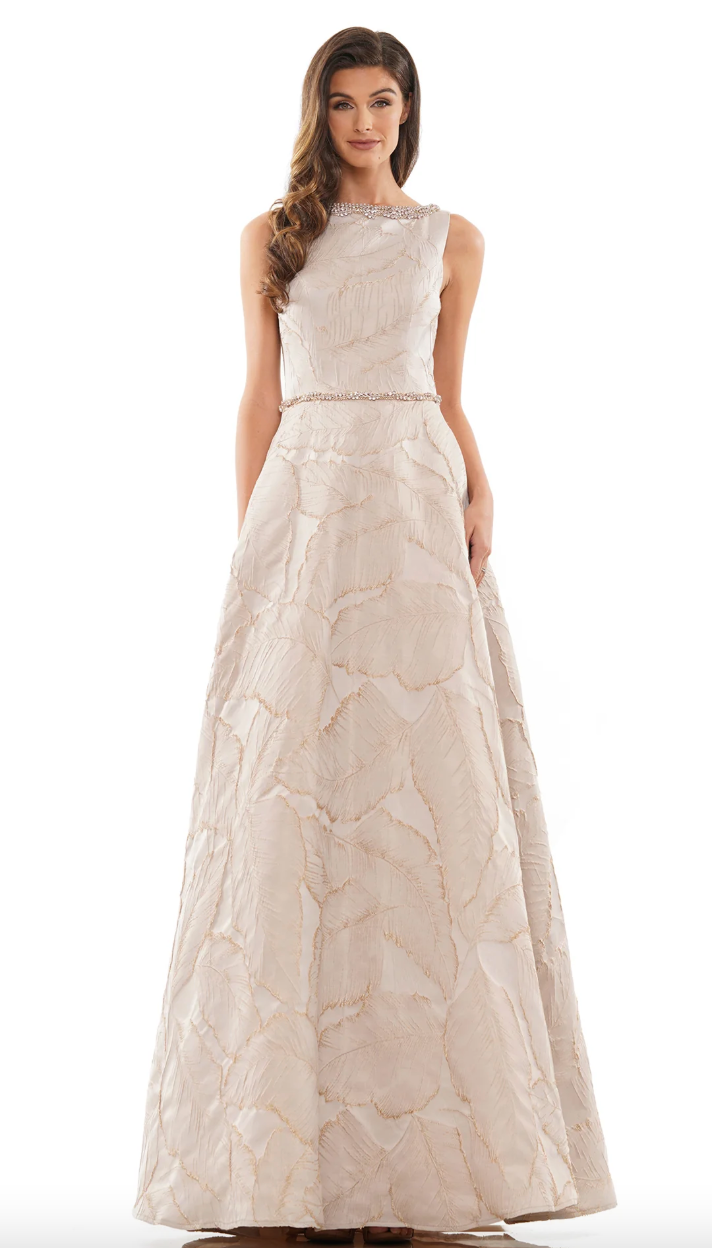 ELEGANT JACQUARD GOWN WITH JEWELED NECKLINE & BEADED WAISTBAND A-LINE SKIRT + POCKETS MARSONI BY COLORS DRESS MV1224