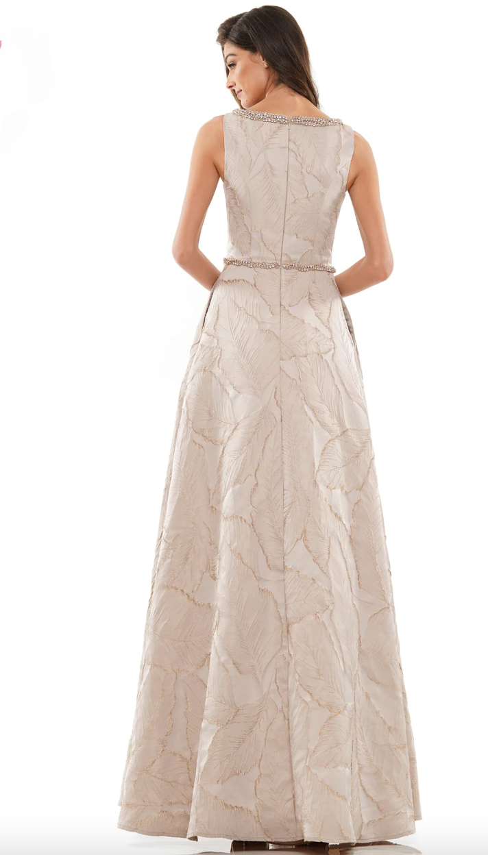 ELEGANT JACQUARD GOWN WITH JEWELED NECKLINE & BEADED WAISTBAND A-LINE SKIRT + POCKETS MARSONI BY COLORS DRESS MV1224