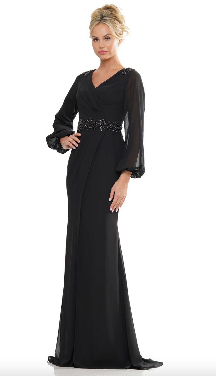 CHIFFON V-NECK GOWN WITH BEADED WAISTBAND FLUID SKIRT MARSONI BY COLORS DRESS MV1273
