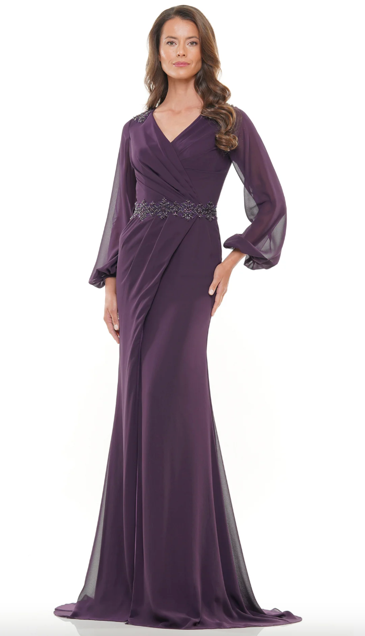 CHIFFON V-NECK GOWN WITH BEADED WAISTBAND FLUID SKIRT MARSONI BY COLORS DRESS MV1273