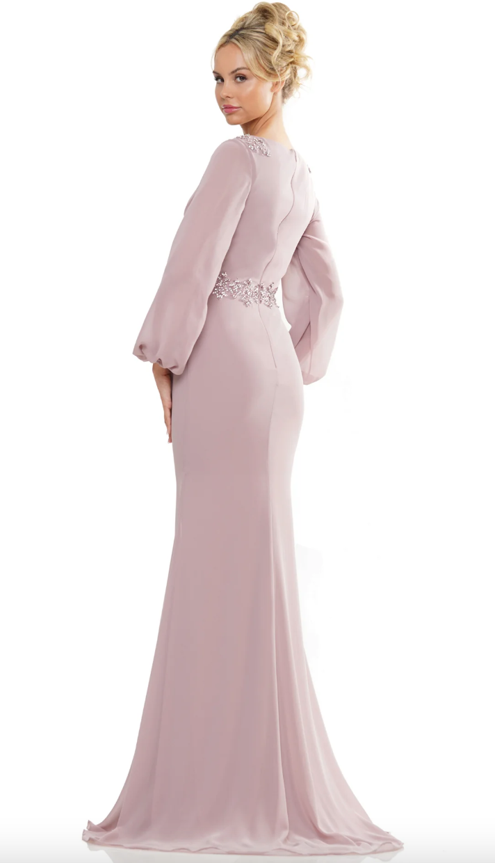 CHIFFON V-NECK GOWN WITH BEADED WAISTBAND FLUID SKIRT MARSONI BY COLORS DRESS MV1273