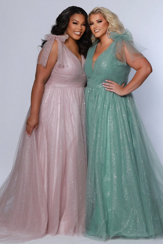 CURVY SUGAR COOKIE GLITTER TULLE DETACHABLE BOWS BALL GOWN WITH POCKETS SYDNEY'S CLOSET SC7417